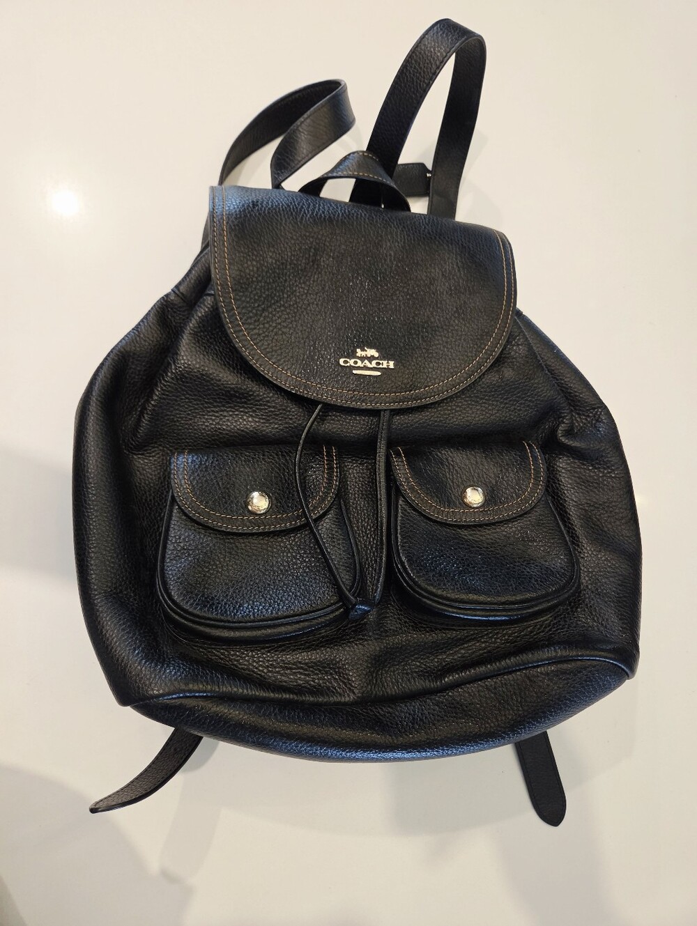Coach Black Pebbled Leather Drawstring Backpack with Front Pockets